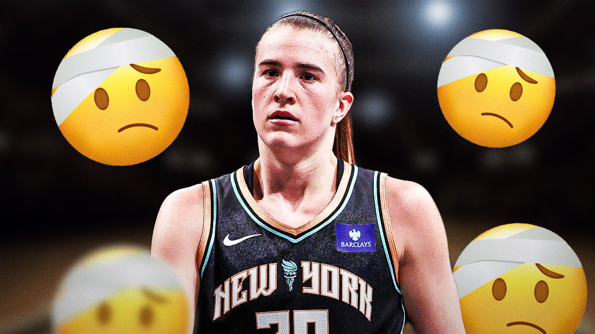 Sabrina Ionescu (Liberty) looking serious with pain symbol in the background