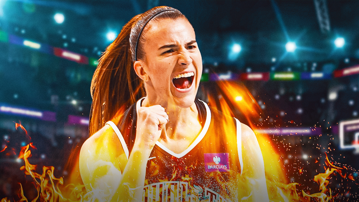 Sabrina Ionescu yelling with flames all around her
