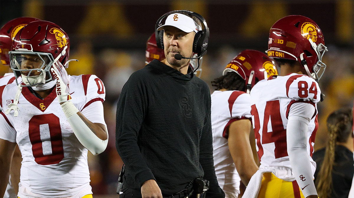 USC Trojans head coach Lincoln Riley looks on during the first half against the Minnesota Golden Gophers at Huntington Bank Stadium.