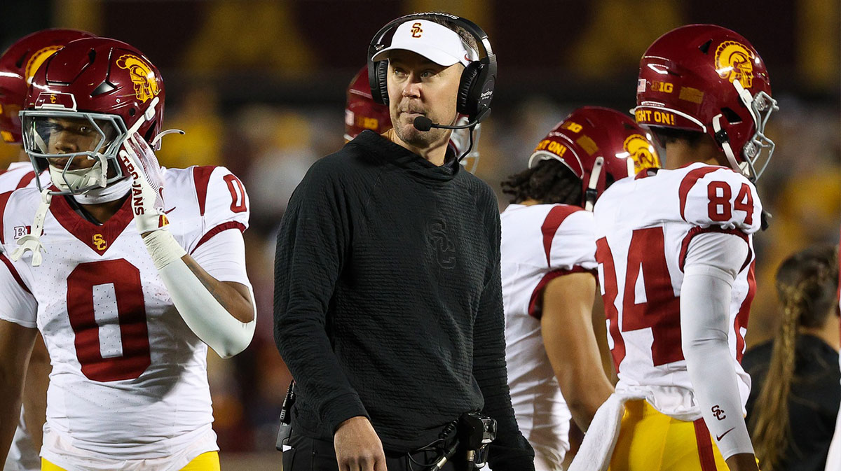 USC Trojans head coach Lincoln Riley looks on during the first half against the Minnesota Golden Gophers at Huntington Bank Stadium.