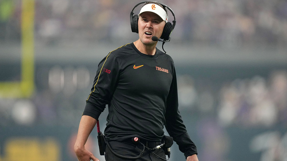 Southern California Trojans head coach Lincoln Riley reacts in the first half against the LSU Tigers at Allegiant Stadium.