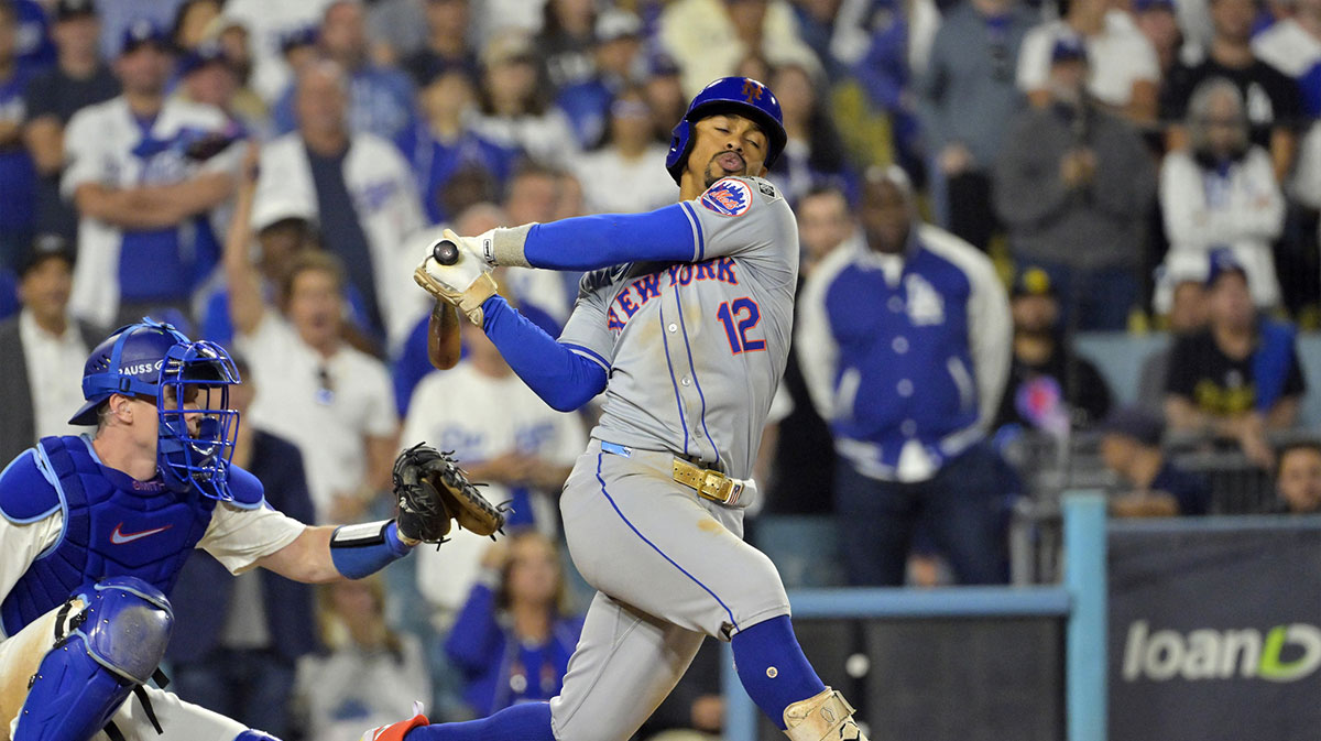 New York Mets shortstop Francisco Lindor (12) strikes out to end the seventh inning against the Los Angeles Dodgers during game six of the NLCS for the 2024 MLB playoffs at Dodger Stadium