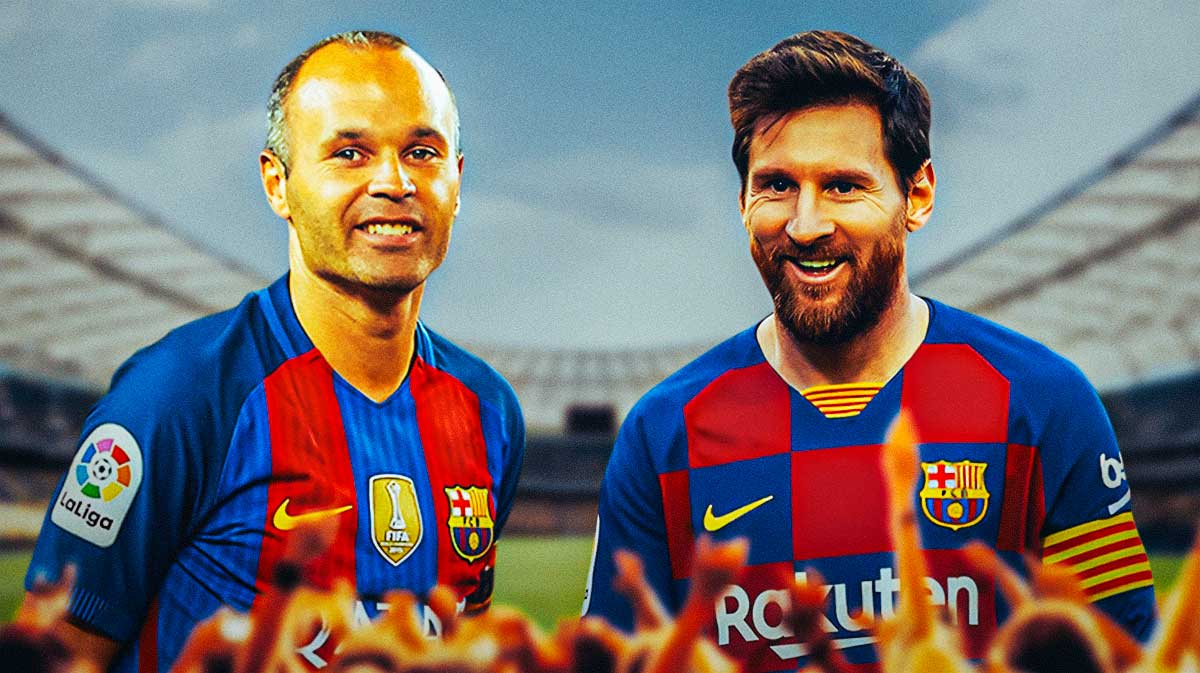 Lionel Messi and Andres Iniesta smiling together on Barcelona