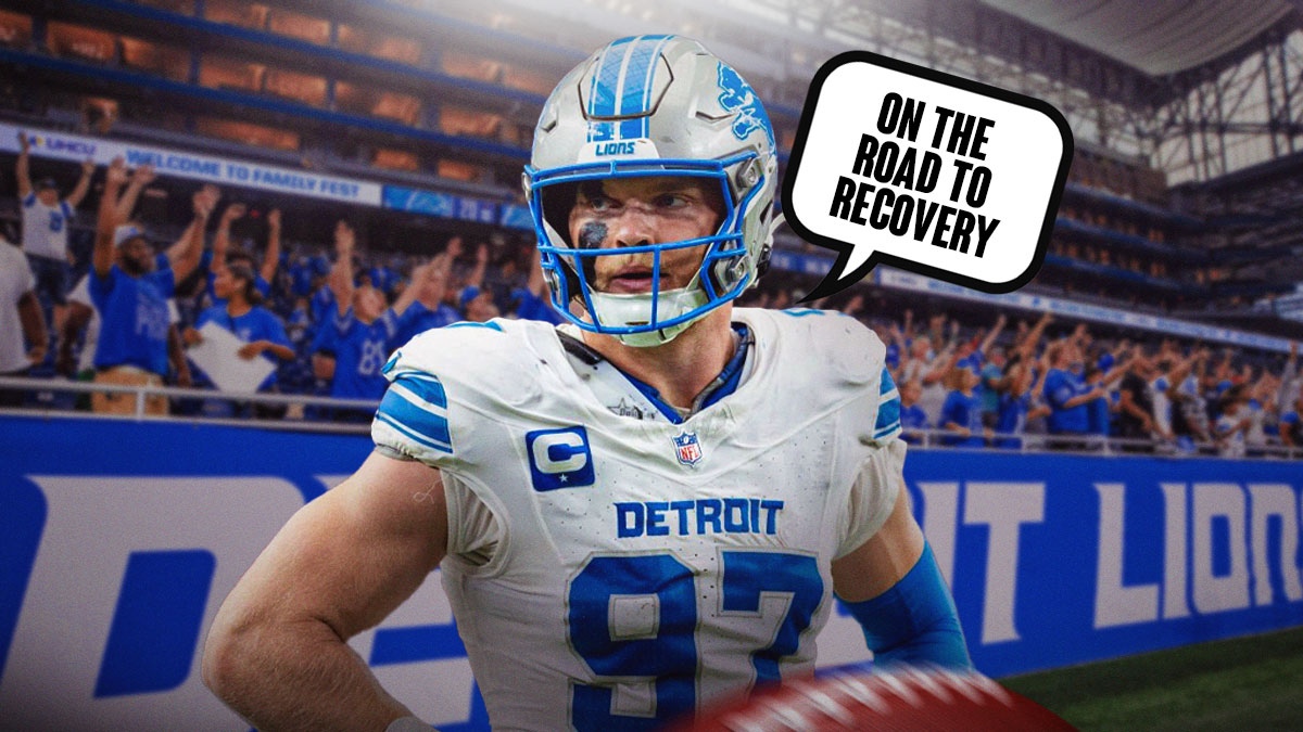 Lions' Aidan Hutchinson with a talk bubble that says ON THE ROAD TO RECOVERY