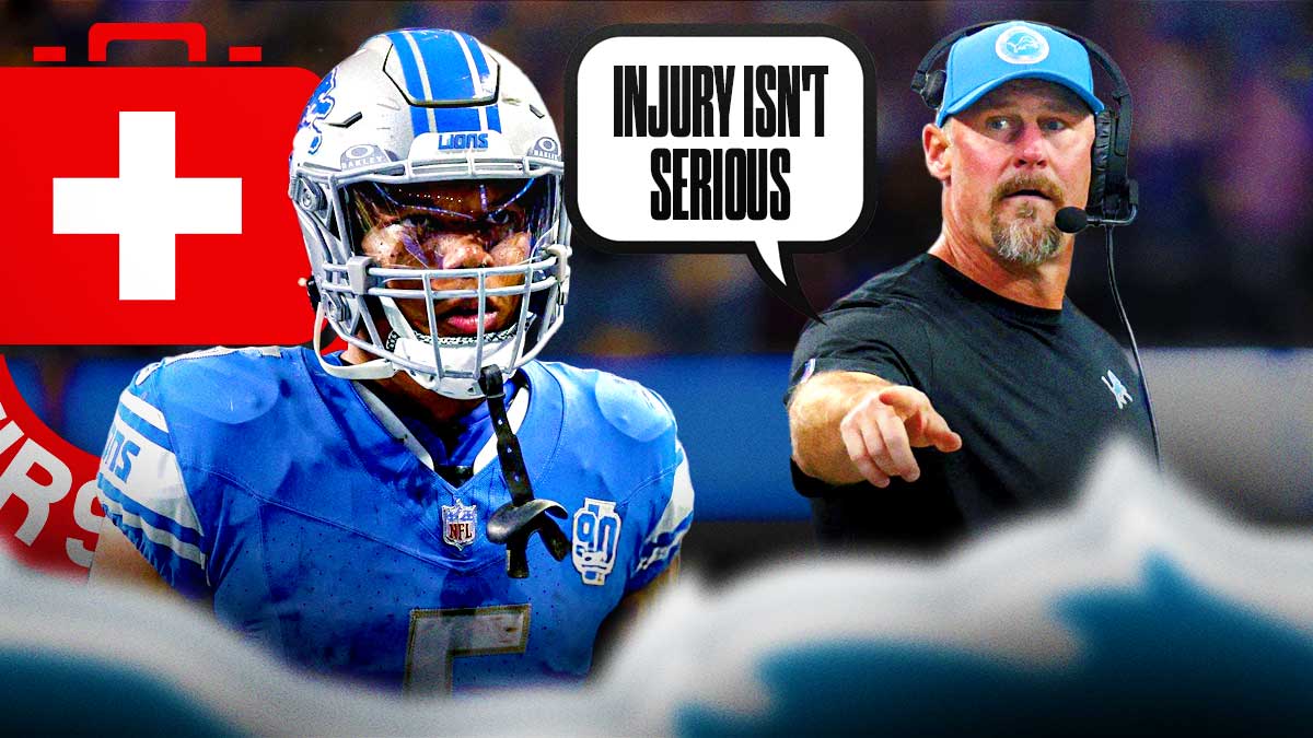 David Montgomery in a Detroit Lions uniform with Lions coach Dan Campbell in the background and a red and white first aid symbol as Campbell says Montgomery's injury isn't serious and he'll be on the field for the lions moving forward.