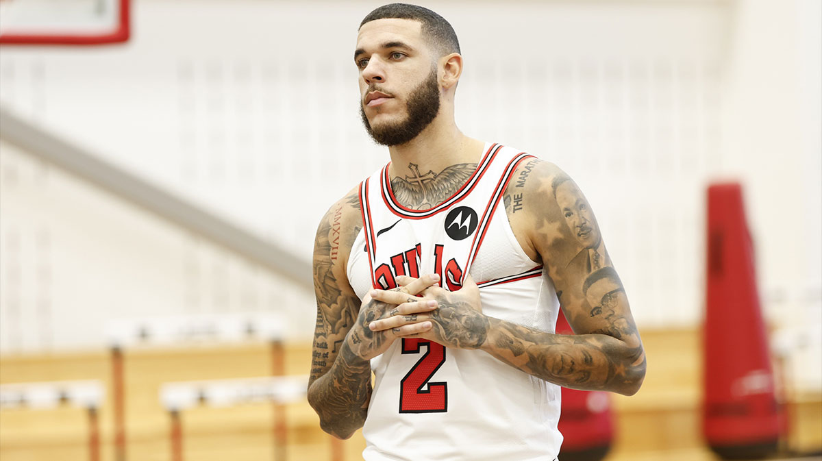 Chicago Bulls guard Lonzo Ball (2) looks on during Chicago Bulls Media Day.