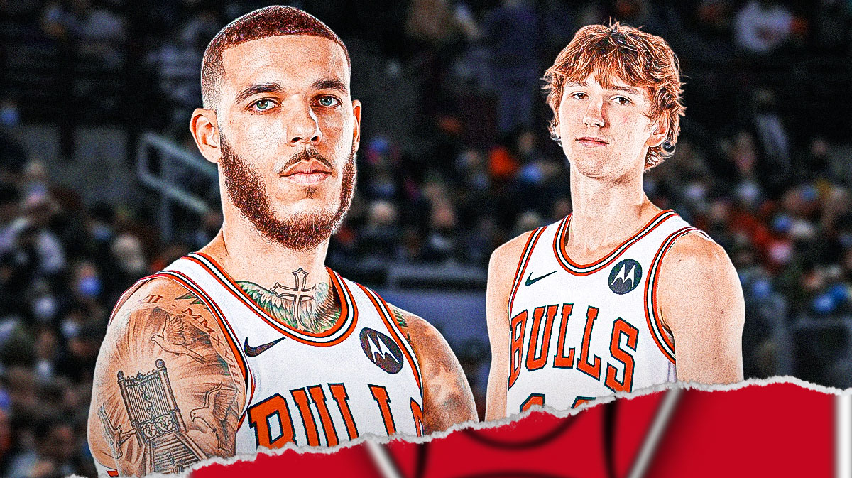 Bulls, Bulls preseason, Bulls training camp, Matas Buzelis, Lonzo Ball, Lonzo Ball and Matas Buzelis in Bulls unis with Bulls arena in the background