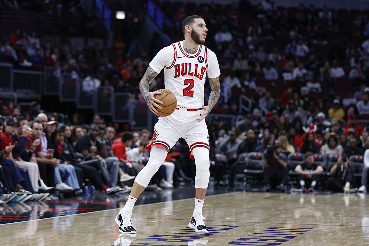 Chicago Bulls guard Lonzo Ball (2) brings the ball up court against the Minnesota Timberwolves during the second half at United Center. 