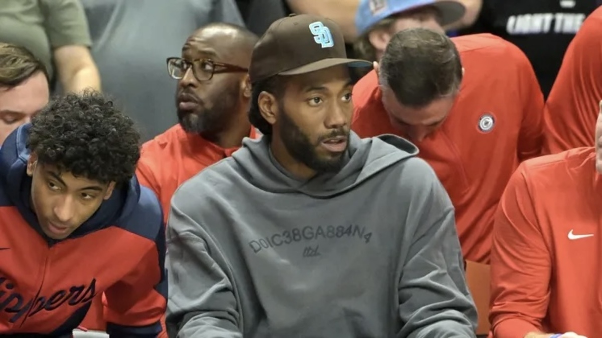 Los Angeles Clippers forward Kawhi Leonard (2) looks on from the bench during a preseason game against the Brooklyn Nets at Frontwave Arena.
