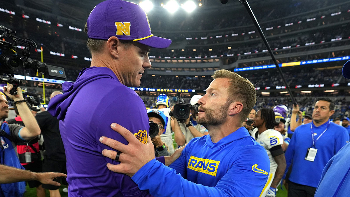Minnesota Vikings coach Kevin O'Connell (left) and Los Angeles Rams coach Sean McVay shake hands after the game at SoFi Stadium.