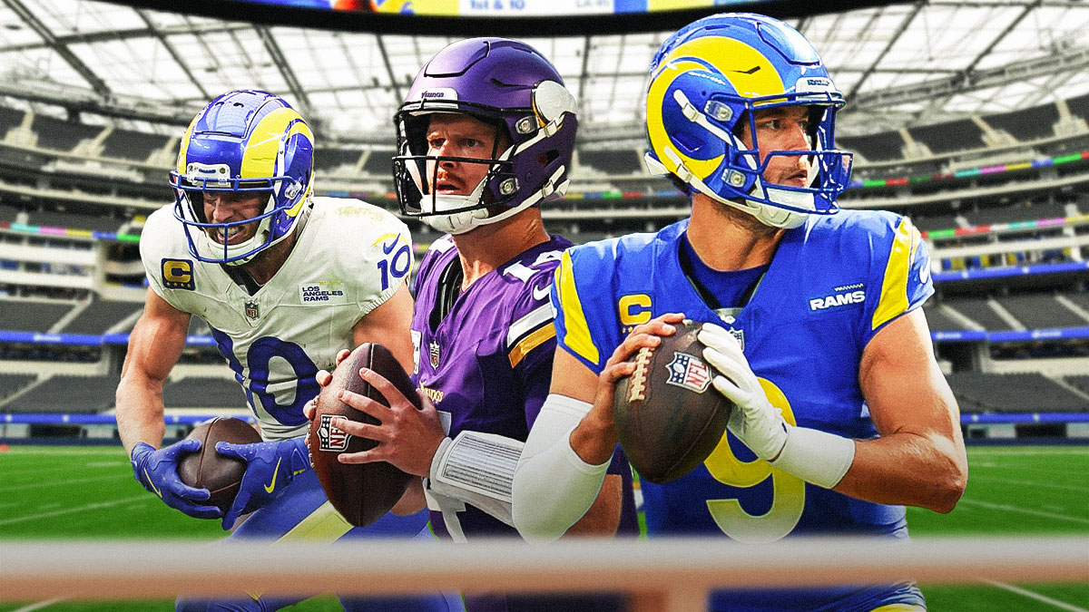 Matthew Stafford, Sam Darnold, and Cooper Kupp in front of the Rams stadium