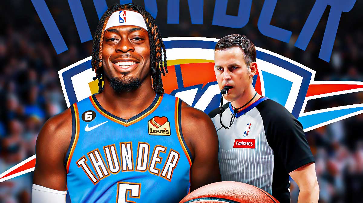 Thunder guard Lu Dort smiling next to an NBA referee & the Thunder logo with the Paycom Center in the background
