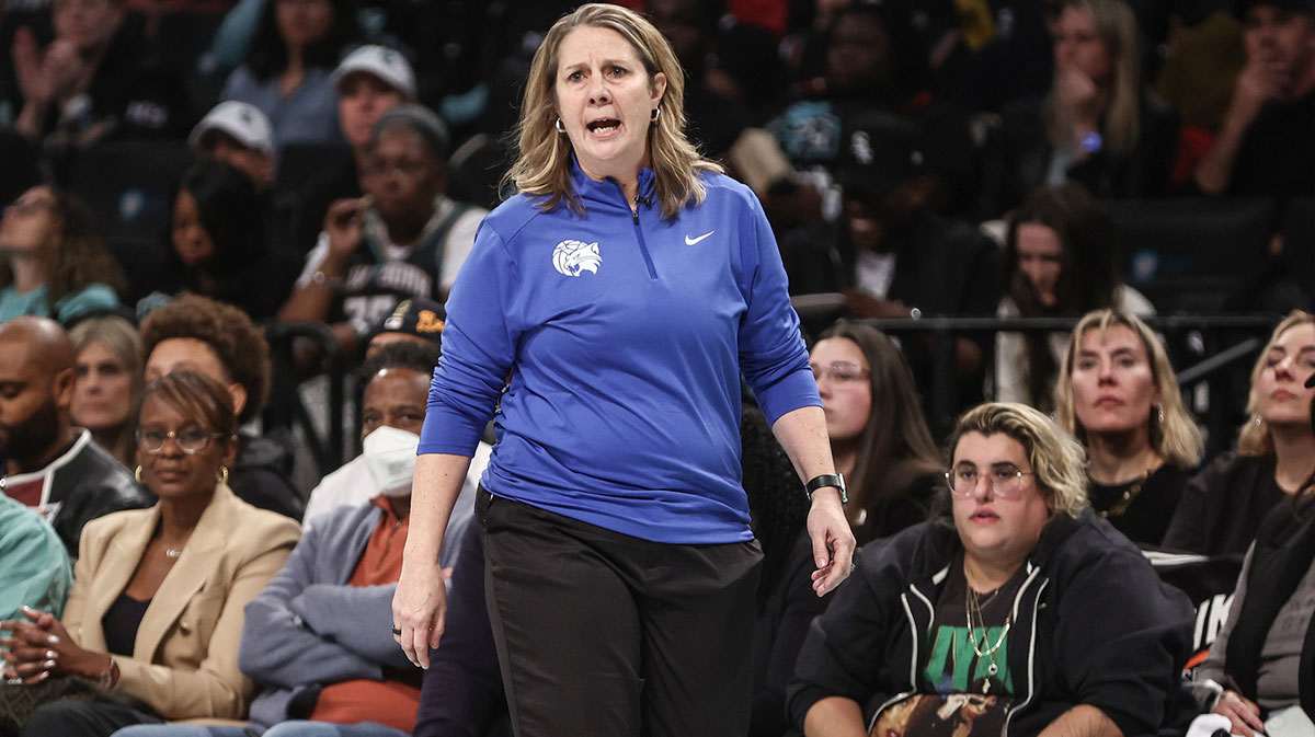 head coach Cheryl Reeve yells out instructions in the third quarter against the New York Liberty at Barclays Center