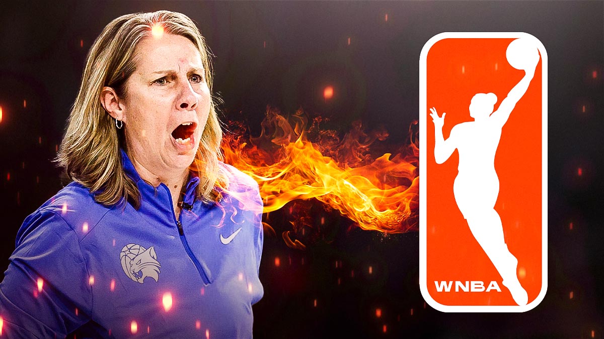 Cheryl Reeve fire coming out of mouth towards WNBA logo.