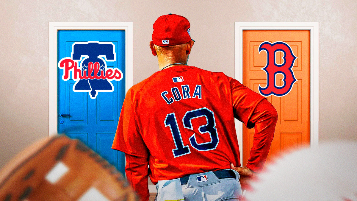 Red Sox Alex Cora looking at two doors; one door has the Phillies logo, the other door has the Red Sox logo.