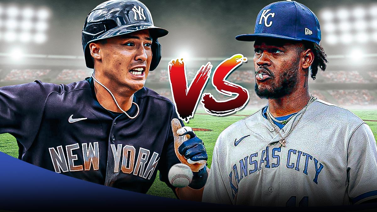 Yankees' Anthony Volpe and Royals' Maikel Garcia looking angry, with VS logo between them