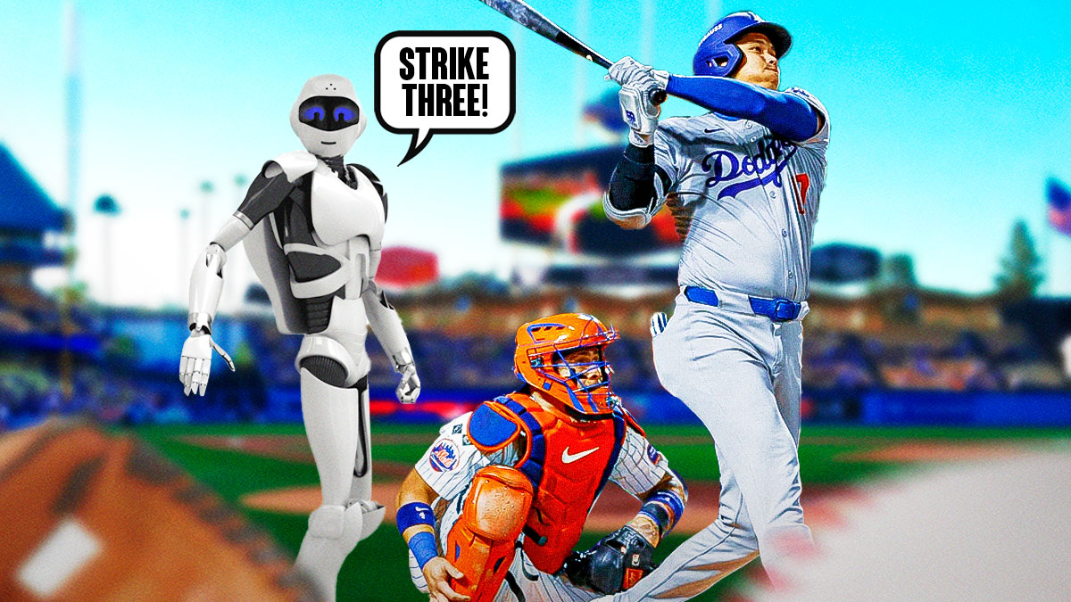 Robot standing behind a 2024 MLB catcher and hitter (so the robot is where the umpire would be). Have the robot saying the following: STRIKE THREE!