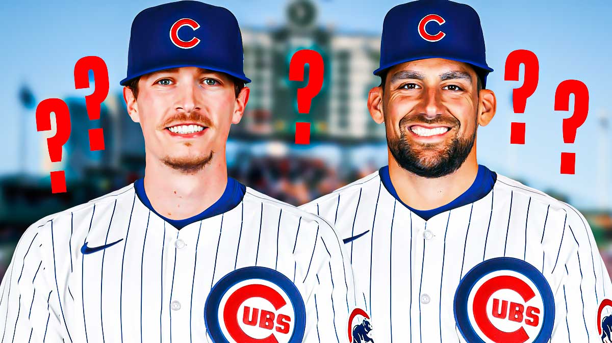 Photo: Max Fried, Nathan Eovaldi both in Cubs jerseys, Wrigley Field in background, question marks above them