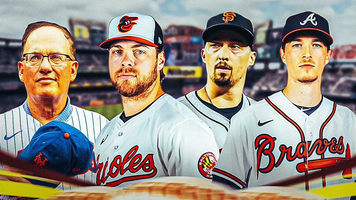 Photo: Steve Cohen, Corbin Burnes, Blake Snell, Max Fried behind him, Citi Field as background