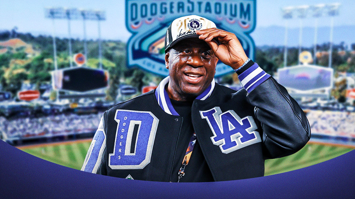 Magic Johnson in a Dodgers hat