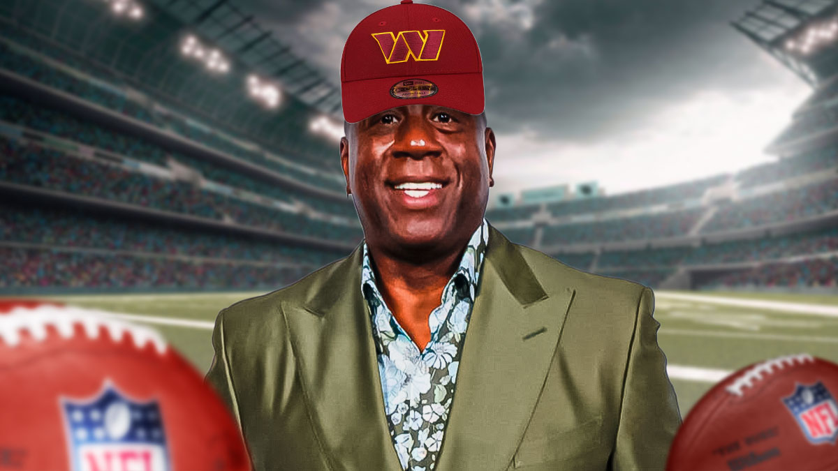 Magic Johnson with stars on his eyes and wearing Commanders cap