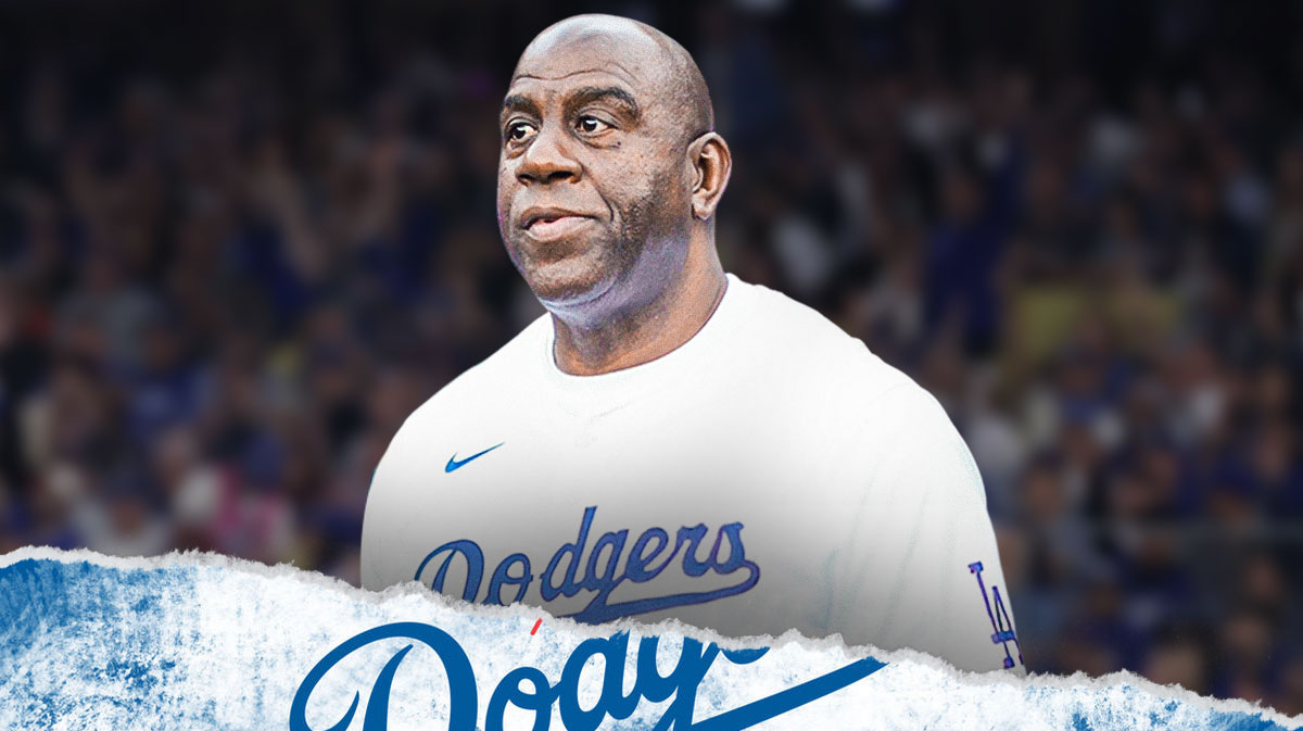 Magic Johnson smiling beside Dodgers logo