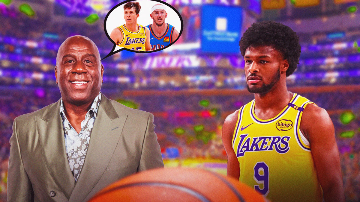 Magic Johnson with a thought bubble that has Austin Reeves and Alex Caruso in it. Standing next to Magic Johnson is Los Angeles Lakers guard Bronny James
