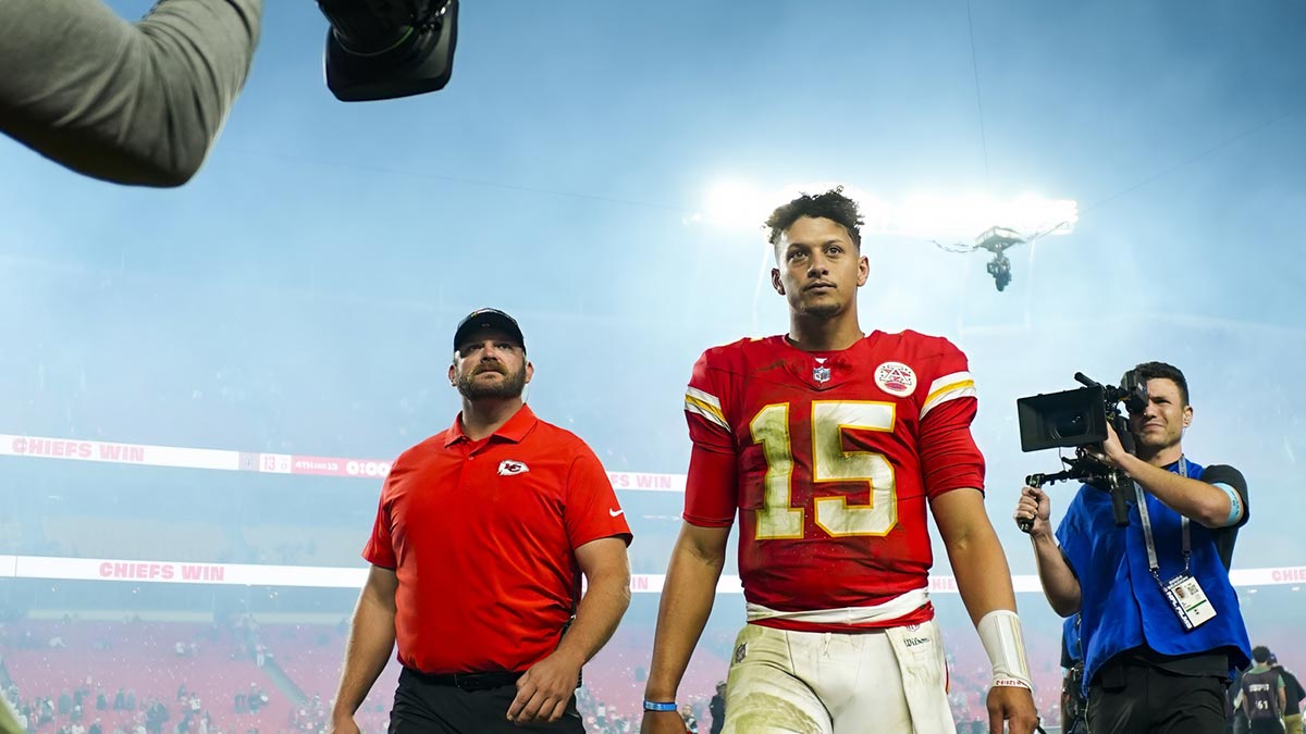 Kansas City Chiefs quarterback Patrick Mahomes (15) leaves the field after defeating the New Orleans Saints at GEHA Field at Arrowhead Stadium.