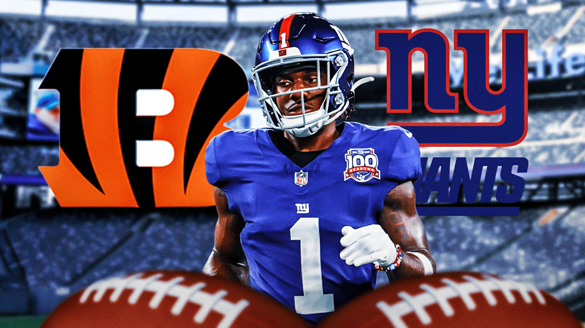 Giants Malik Nabers looking serious in front. Place the Cincinnati Bengals and New York Giants 2024 logos in background.