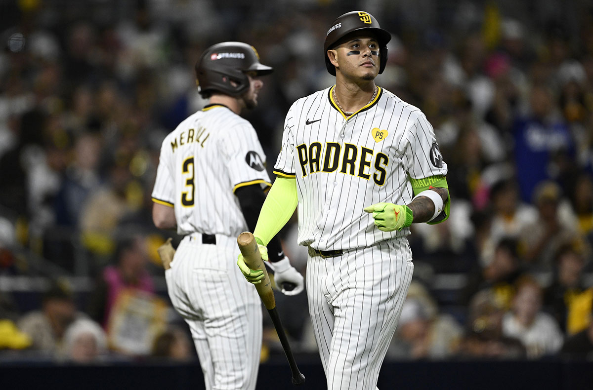 San Diego Padres third baseman Manny Machado (13) reacts after striking out in the fourth inning against the Los Angeles Dodgers during game four of the NLDS for the 2024 MLB Playoffs at Petco Park.