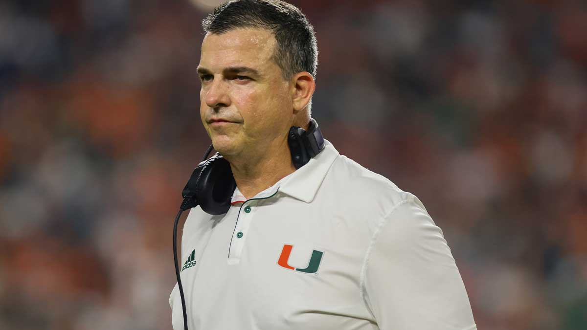 Sep 27, 2024; Miami Gardens, Florida, USA; Miami Hurricanes head coach Mario Cristobal looks on from the sideline against the Virginia Tech Hokies during the third quarter at Hard Rock Stadium.