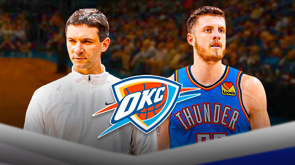 Thunder head coach Mark Daigneault next to the Thunder logo and Thunder center Isaiah Hartenstein