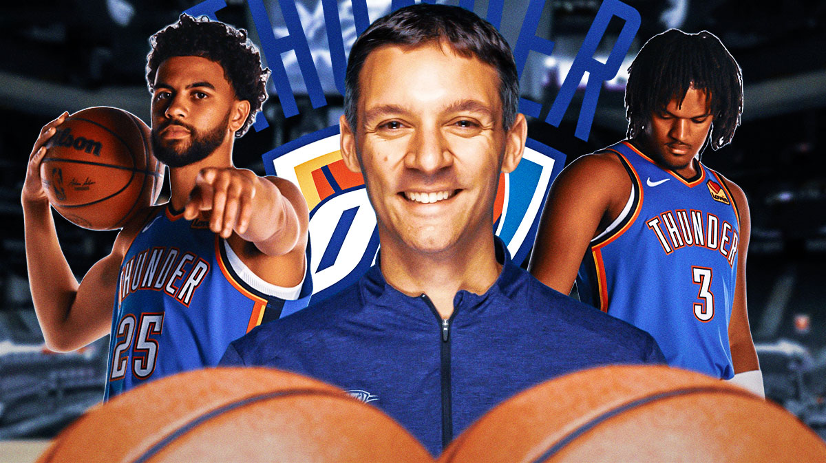 Thunder head coach Mark Daigneault next to Thunder rookie Ajay Mitchell and Dillon Jones next to the Thunder logo with the Spurs' court in the background