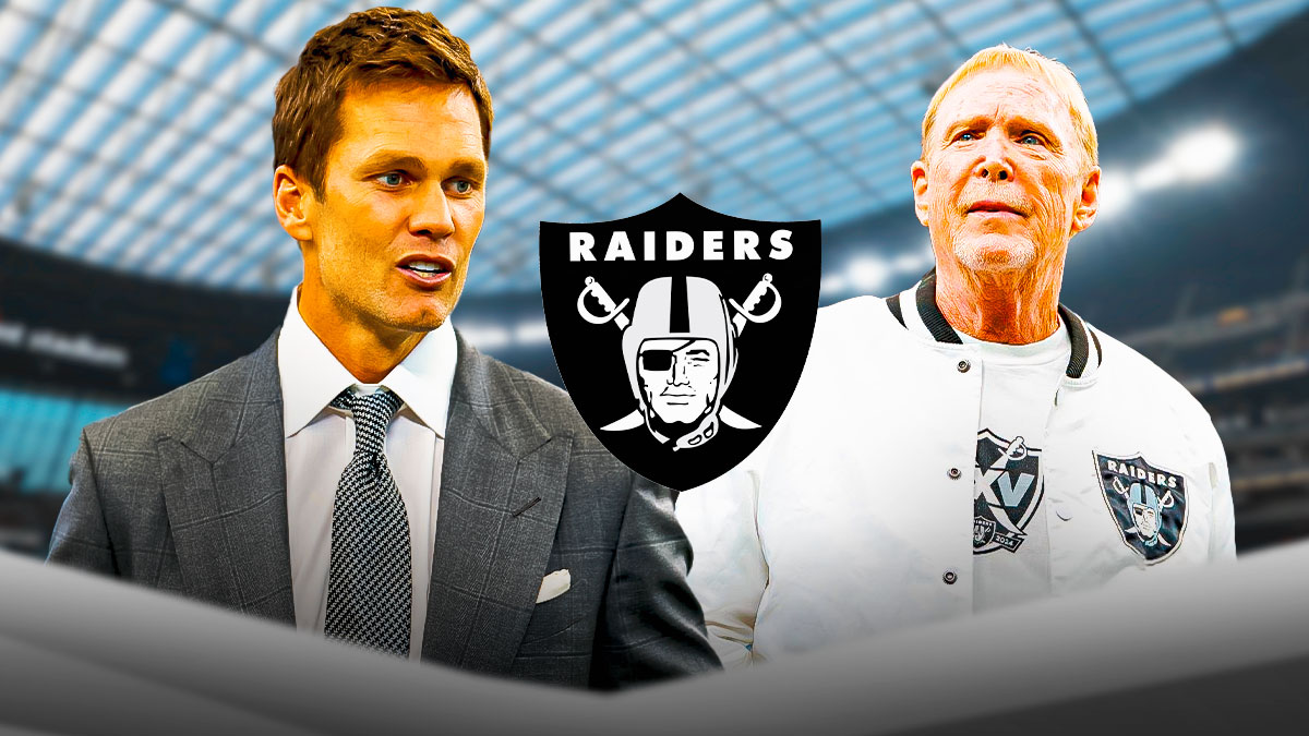 Raiders owners Tom Brady, Mark Davis with a Raiders logo between them