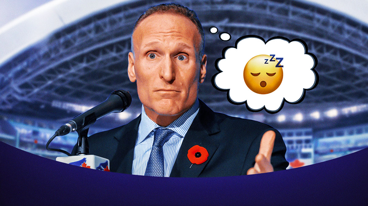 Blue Jays CEO Mark Shapiro looking disappointed with a thought bubble of him thinking about sleep