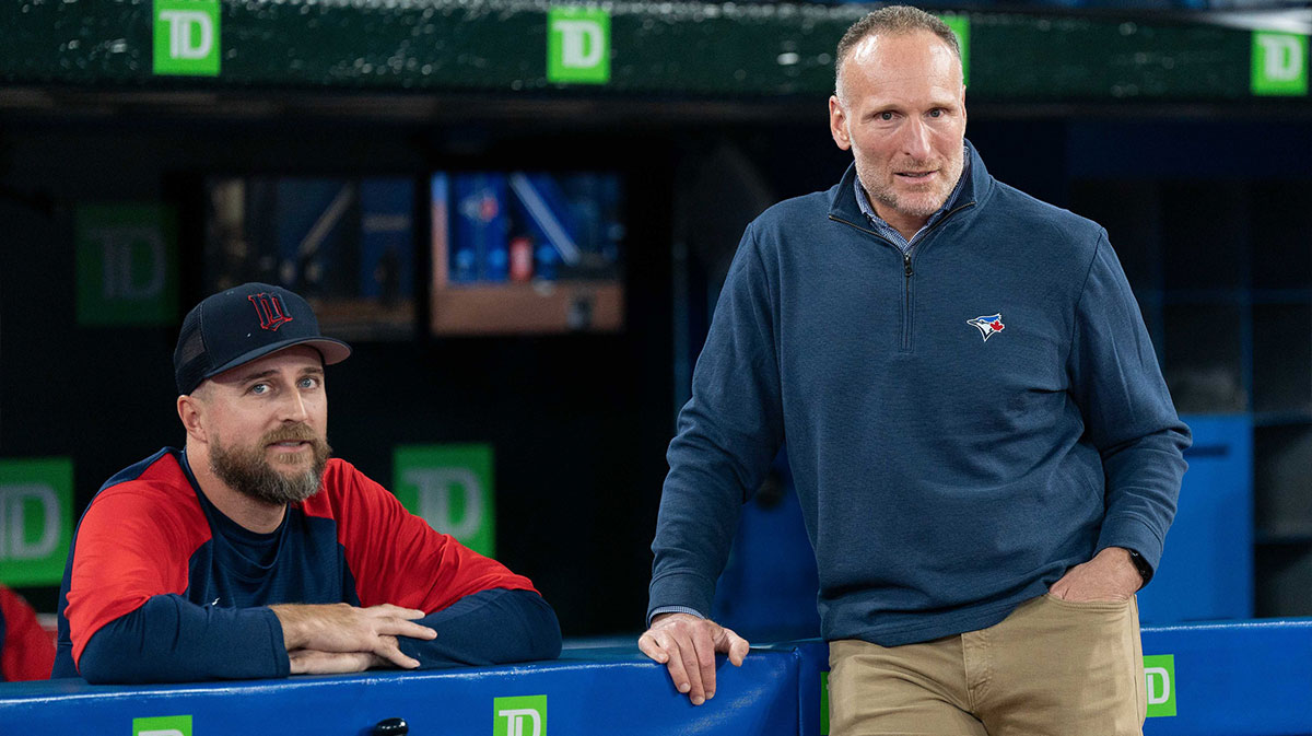 Minnesota Twins manager Rocco Baldelli (5) talks with Toronto Blue Jays president Mark Shapiro during batting practice at Rogers Centre.
