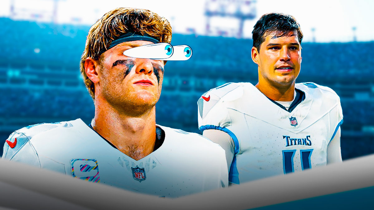 Mason Rudolph in action in Titans jersey, Will Levis looking at him.