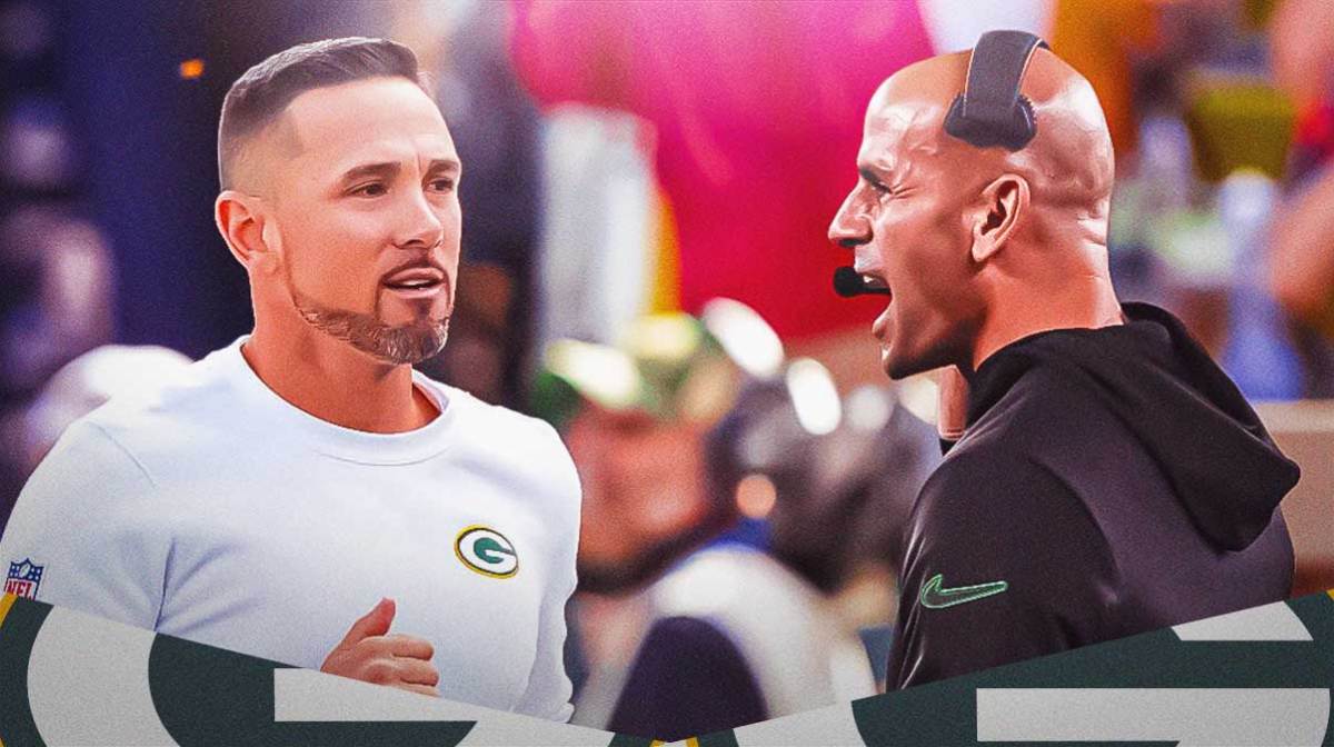 Matt LaFleur next Packers logo and Robert Saleh.