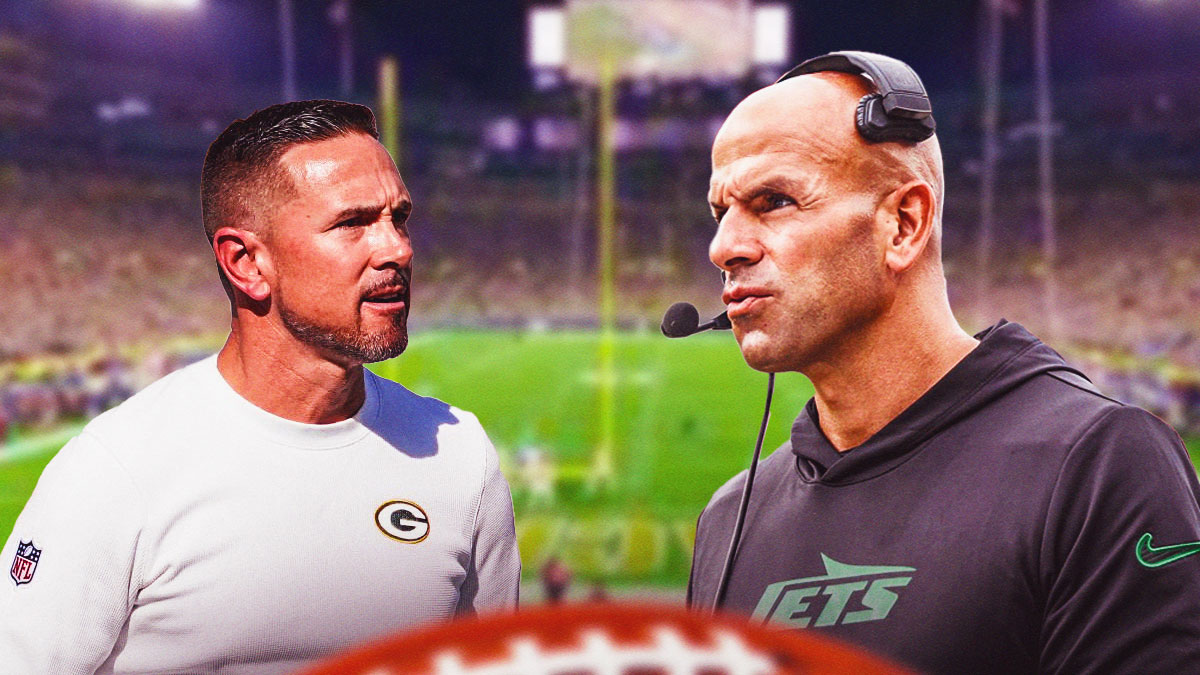 Matt LaFleur next to Robert Saleh in front of the Packers stadium