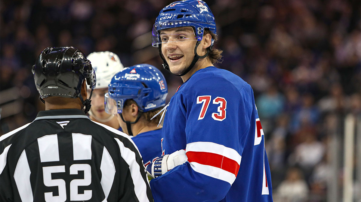 New York Rangers center Matt Rempe (73) speaks with a linesman during the second period against the New York Islanders at Madison Square Garden.