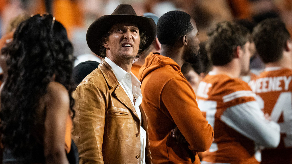 Matthew McConaughey watches the first quarter of the Longhorns' game against the Georgia Bulldogs at Darrell K. Royal Texas Memorial Stadium
