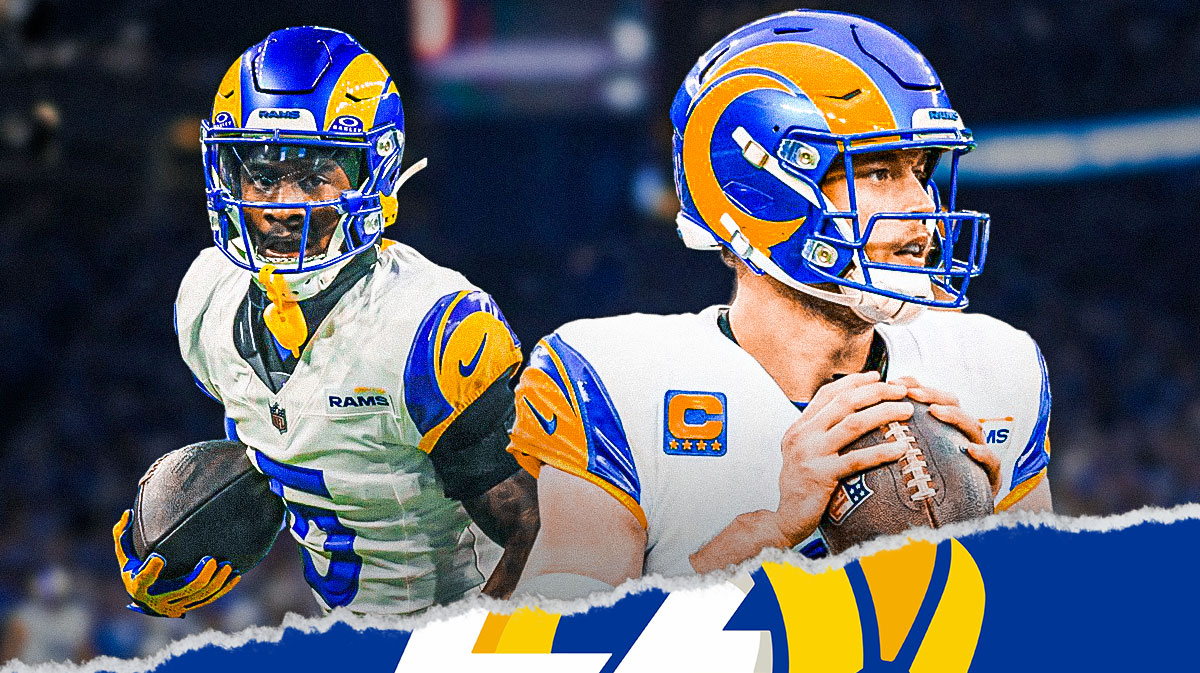 Matthew Stafford next to Tutu Atwell in front of the Rams uniform