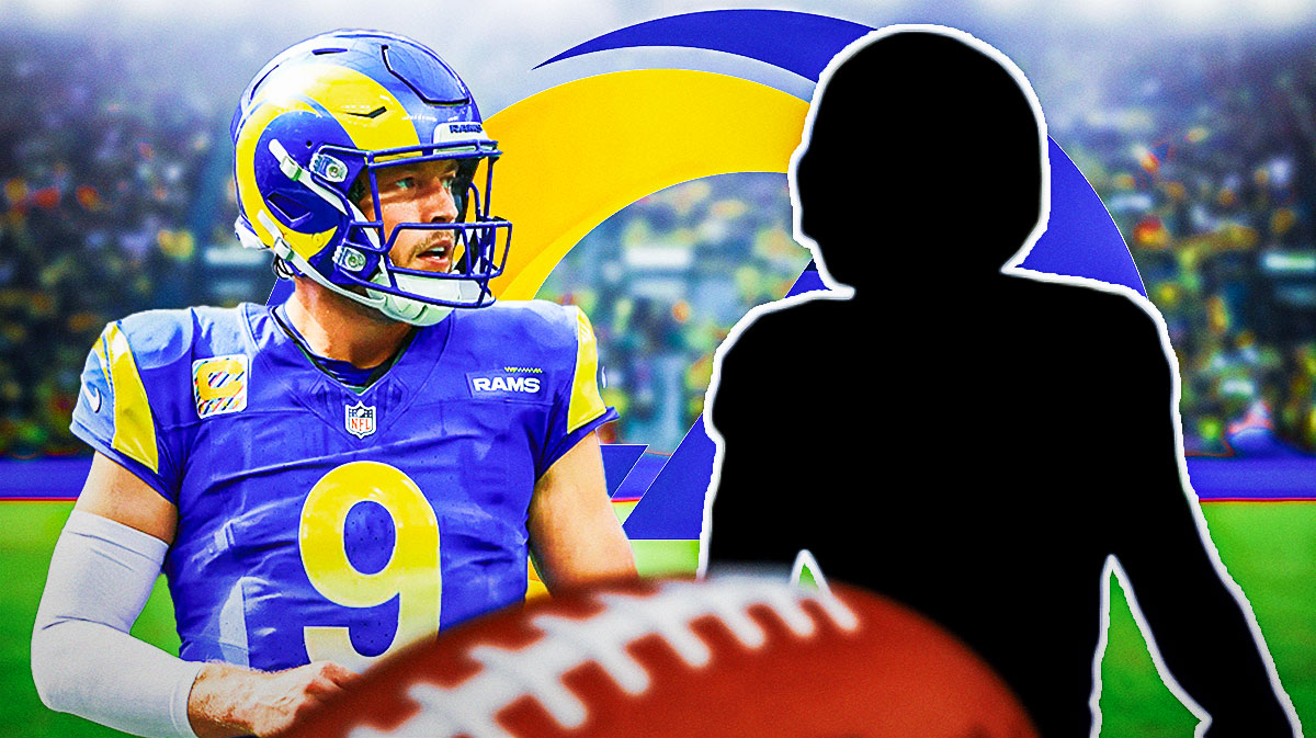 Matthew Stafford next to the blacked-out silhouette of Cobie Durant with the Rams Stadium as the background.