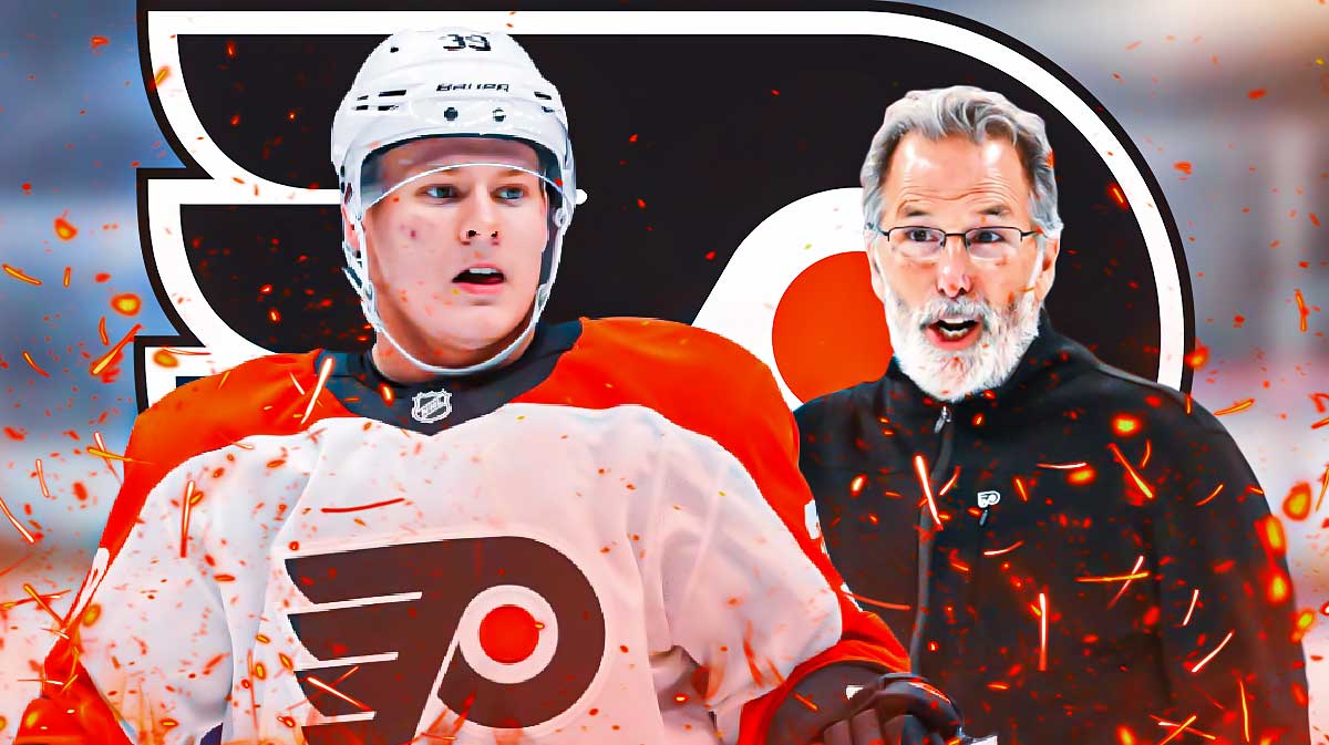 Matvei Michkov in image looking happy with fire around him, John Tortorella in image, Philadelphia Flyers logo, hockey rink in background