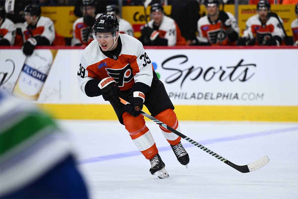 Philadelphia Flyers right wing Matvei Michkov (39) in action against the Vancouver Canucks in the second period at Wells Fargo Center.