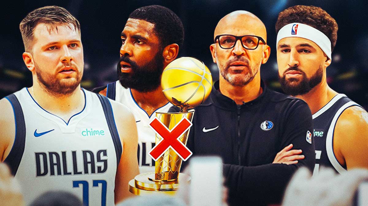 The Larry O'Brien Championship Trophy with a red X over it surrounded by Mavericks Luka Doncic, Kyrie Irving, coach Jason Kidd, and Klay Thompson