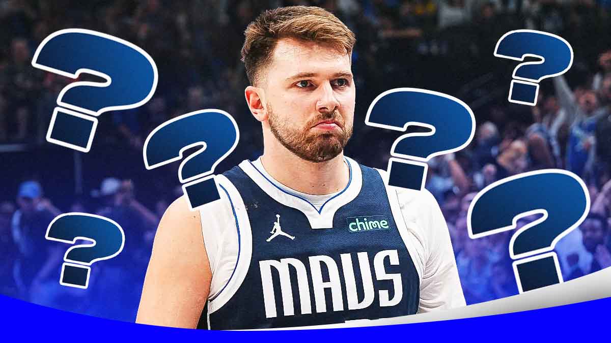 Mavericks Luka Doncic with question marks all around him. Luka looking serious.