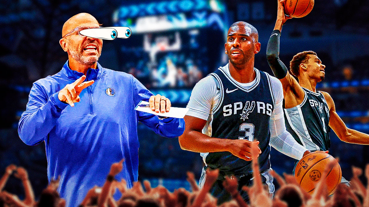 Mavericks Jason Kidd with eyes popping out looking at Spurs Chris Paul dribbling a basketball, Spurs Victor Wembanyama dunking a basketball.