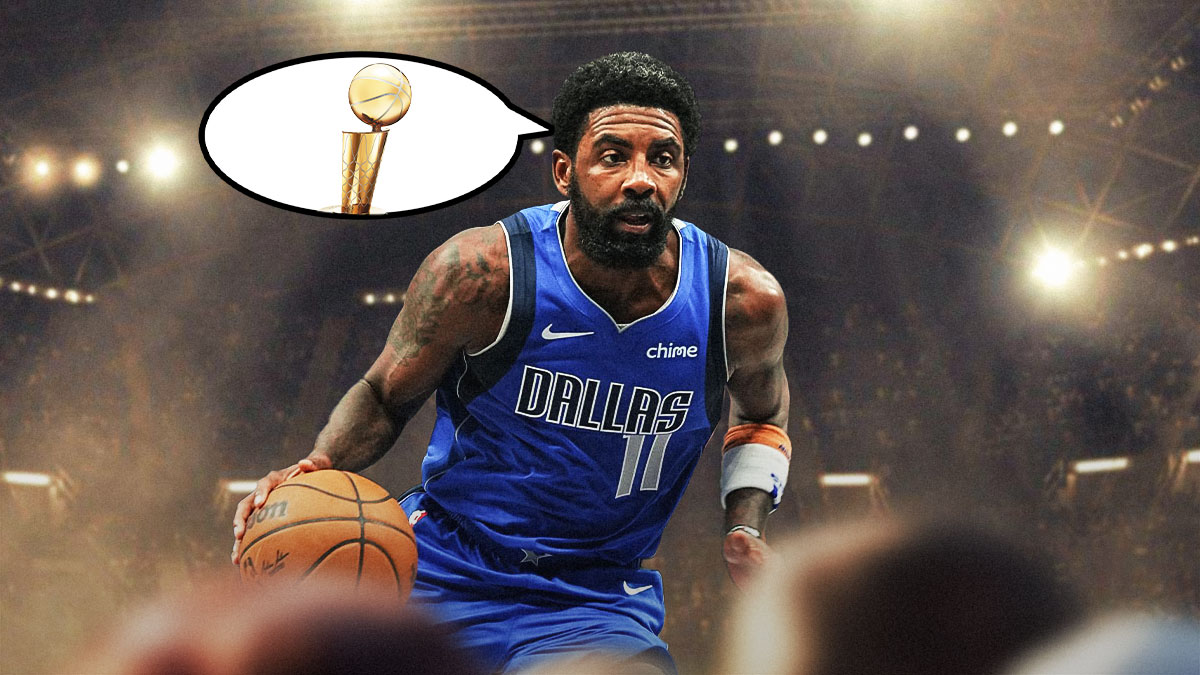 Mavericks Kyrie Irving with a thought bubble. In the bubble, place the NBA Finals trophy.