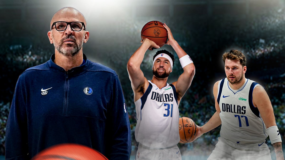 Mavericks Jason Kidd standing on left looking serious. Mavericks Klay Thompson shooting a basketball, Mavericks Luka Doncic dribbling a basketball on right.
